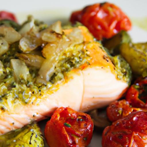 Flavor-packed Sheet Pan Pesto Salmon with roasted Tomatoes