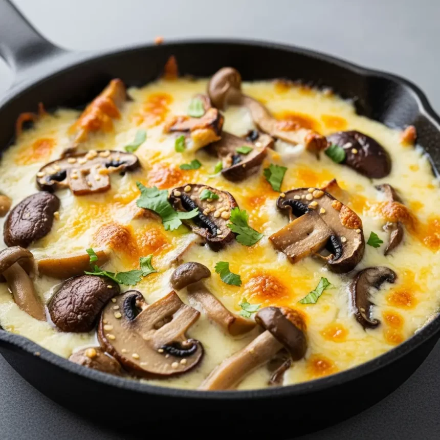 Create a vertical Pinterest pin image (1000x1500) for the recipe " Queso Fundido with Mushrooms ". Show a close-up of the prepared dish, vibrant and appetizing, with realistic textures and natural lighting. Add the recipe title " Queso Fundido with Mushrooms " in elegant, clean, and large typography at the top or center. Use a readable, modern font, and make sure the text stands out clearly. Do NOT include any logo or website name. Keep the design simple, professional, and eye-catching.