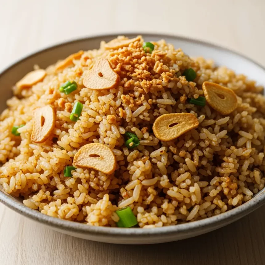 Create a vertical Pinterest pin image (1000x1500) for the recipe " Filipino Garlic Fried Rice Sinangag". Show a close-up of the prepared dish, vibrant and appetizing, with realistic textures and natural lighting. Add the recipe title " Filipino Garlic Fried Rice Sinangag " in elegant, clean, and large typography at the top or center. Use a readable, modern font, and make sure the text stands out clearly. Do NOT include any logo or website name. Keep the design simple, professional, and eye-catching.