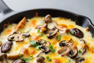Create a vertical Pinterest pin image (1000x1500) for the recipe " Queso Fundido with Mushrooms ". Show a close-up of the prepared dish, vibrant and appetizing, with realistic textures and natural lighting. Add the recipe title " Queso Fundido with Mushrooms " in elegant, clean, and large typography at the top or center. Use a readable, modern font, and make sure the text stands out clearly. Do NOT include any logo or website name. Keep the design simple, professional, and eye-catching.