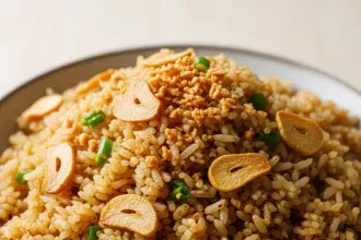 Create a vertical Pinterest pin image (1000x1500) for the recipe " Filipino Garlic Fried Rice Sinangag". Show a close-up of the prepared dish, vibrant and appetizing, with realistic textures and natural lighting. Add the recipe title " Filipino Garlic Fried Rice Sinangag " in elegant, clean, and large typography at the top or center. Use a readable, modern font, and make sure the text stands out clearly. Do NOT include any logo or website name. Keep the design simple, professional, and eye-catching.