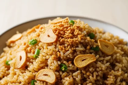 Create a vertical Pinterest pin image (1000x1500) for the recipe " Filipino Garlic Fried Rice Sinangag". Show a close-up of the prepared dish, vibrant and appetizing, with realistic textures and natural lighting. Add the recipe title " Filipino Garlic Fried Rice Sinangag " in elegant, clean, and large typography at the top or center. Use a readable, modern font, and make sure the text stands out clearly. Do NOT include any logo or website name. Keep the design simple, professional, and eye-catching.