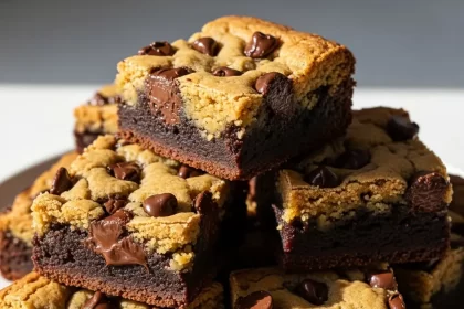 Create a vertical Pinterest pin image (1000x1500) for the recipe " Brookies Brownie Cookie Bars ". Show a close-up of the prepared dish, vibrant and appetizing, with realistic textures and natural lighting. Add the recipe title " Brookies Brownie Cookie Bars " in elegant, clean, and large typography at the top or center. Use a readable, modern font, and make sure the text stands out clearly. Do NOT include any logo or website name. Keep the design simple, professional, and eye-catching.