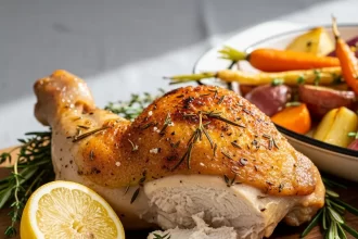 Show a close-up of the prepared dish, vibrant and appetizing, with realistic textures and natural lighting. Add the recipe title " Crispy Baked Chicken Thighs" in elegant, clean, and large typography at the top or center. Use a readable, modern font, and make sure the text stands out clearly. Do NOT include any logo or website name. Keep the design simple, professional, and eye-catching.