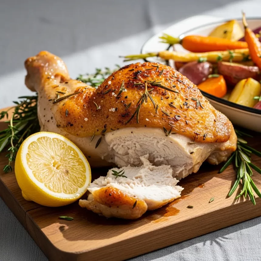 Show a close-up of the prepared dish, vibrant and appetizing, with realistic textures and natural lighting. Add the recipe title " Crispy Baked Chicken Thighs" in elegant, clean, and large typography at the top or center. Use a readable, modern font, and make sure the text stands out clearly. Do NOT include any logo or website name. Keep the design simple, professional, and eye-catching.