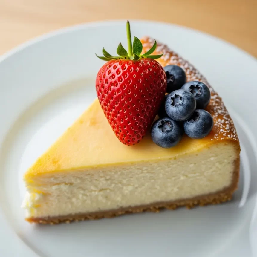 Create a high-resolution Pinterest pin image (1000x1500) of the prepared dish for the recipe " Classic New York Style Cheesecake ". Show a close-up of the final dish, beautifully styled, vibrant, and appetizing, with soft natural lighting and realistic textures. Do NOT include any text, title, logo, watermark, or background clutter. Keep the composition clean, minimalistic, and visually striking.