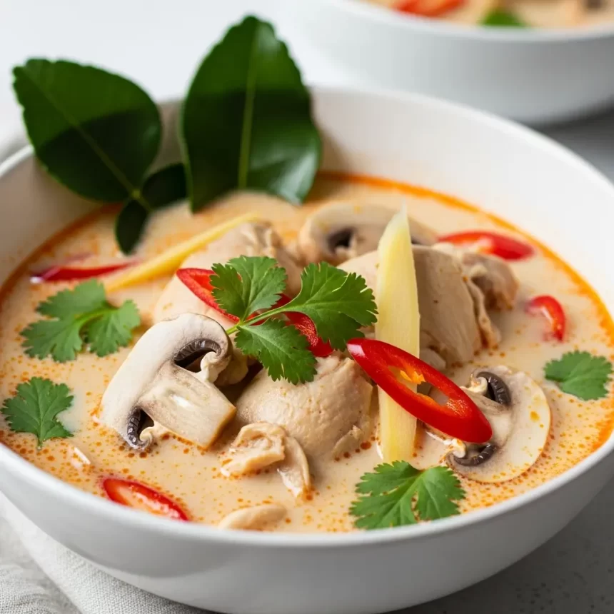 1 can (14 oz) coconut milk, preferably full-fat for that luxurious creaminess 2 cups chicken broth - your homemade or low-sodium store-bought version 300g boneless chicken breast, thinly sliced for tender bites 3-4 slices fresh galangal, a zesty root that's indispensable to the soup's signature aroma 3 kaffir lime leaves, gently bruised to release oils 2 stalks lemongrass, smashed and cut into 2-inch pieces 5-6 thin slices fresh Thai bird's eye chilies, adjusted for heat preference 200g oyster mushrooms, ripped into bite-sized pieces for earthy texture 3 tablespoons fish sauce, lending the salty umami backbone 2 tablespoons fresh lime juice to brighten 1 teaspoon palm sugar or brown sugar, balancing acidity and spice Fresh cilantro leaves and thinly sliced scallions for garnish