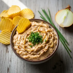 Create a vertical Pinterest pin image (1000x1500) for the recipe “ Homemade French Onion Dip" Show a close-up of the prepared dish, vibrant and appetizing, with realistic textures and natural lighting. Add the recipe title " Homemade French Onion Dip " in elegant, clean, and large typography at the top or center. Use a readable, modern font, and make sure the text stands out clearly. Do NOT include any logo or website name. Keep the design simple, professional, and eye-catching. 