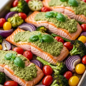Flavor-Packed Sheet Pan Pesto Salmon with Roasted Tomatoes 