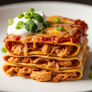 Create a high-resolution Pinterest pin image (1000x1500) of the prepared dish for the recipe " Flavorful Stacked Enchiladas ". Show a close-up of the final dish, beautifully styled, vibrant, and appetizing, with soft natural lighting and realistic textures. Do NOT include any text, title, logo, watermark, or background clutter. Keep the composition clean, minimalistic, and visually striking. 