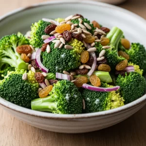 Create a vertical Pinterest pin image (1000x1500) for the recipe " Broccoli Raisin Salad ". Show a close-up of the prepared dish, vibrant and appetizing, with realistic textures and natural lighting. Add the recipe title " Broccoli Raisin Salad" in elegant, clean, and large typography at the top or center. Use a readable, modern font, and make sure the text stands out clearly. Do NOT include any logo or website name. Keep the design simple, professional, and eye-catching. 