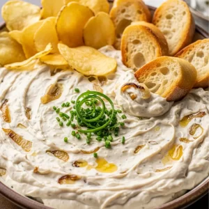 Create a vertical Pinterest pin image (1000x1500) for the recipe “ Homemade French Onion Dip" Show a close-up of the prepared dish, vibrant and appetizing, with realistic textures and natural lighting. Add the recipe title " Homemade French Onion Dip " in elegant, clean, and large typography at the top or center. Use a readable, modern font, and make sure the text stands out clearly. Do NOT include any logo or website name. Keep the design simple, professional, and eye-catching. 