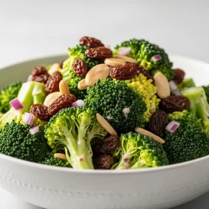 Create a vertical Pinterest pin image (1000x1500) for the recipe " Broccoli Raisin Salad ". Show a close-up of the prepared dish, vibrant and appetizing, with realistic textures and natural lighting. Add the recipe title " Broccoli Raisin Salad" in elegant, clean, and large typography at the top or center. Use a readable, modern font, and make sure the text stands out clearly. Do NOT include any logo or website name. Keep the design simple, professional, and eye-catching. 