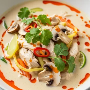 1 can (14 oz) coconut milk, preferably full-fat for that luxurious creaminess
2 cups chicken broth - your homemade or low-sodium store-bought version
300g boneless chicken breast, thinly sliced for tender bites
3-4 slices fresh galangal, a zesty root that's indispensable to the soup's signature aroma
3 kaffir lime leaves, gently bruised to release oils
2 stalks lemongrass, smashed and cut into 2-inch pieces
5-6 thin slices fresh Thai bird's eye chilies, adjusted for heat preference
200g oyster mushrooms, ripped into bite-sized pieces for earthy texture
3 tablespoons fish sauce, lending the salty umami backbone
2 tablespoons fresh lime juice to brighten
1 teaspoon palm sugar or brown sugar, balancing acidity and spice
Fresh cilantro leaves and thinly sliced scallions for garnish