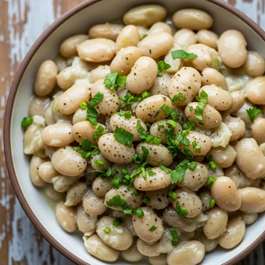 Create a vertical Pinterest pin image (1000x1500) for the recipe “ Creamy Southern Butter Beans " Show a close-up of the prepared dish, vibrant and appetizing, with realistic textures and natural lighting. Add the recipe title " Creamy Southern Butter Beans " in elegant, clean, and large typography at the top or center. Use a readable, modern font, and make sure the text stands out clearly. Do NOT include any logo or website name. Keep the design simple, professional, and eye-catching.