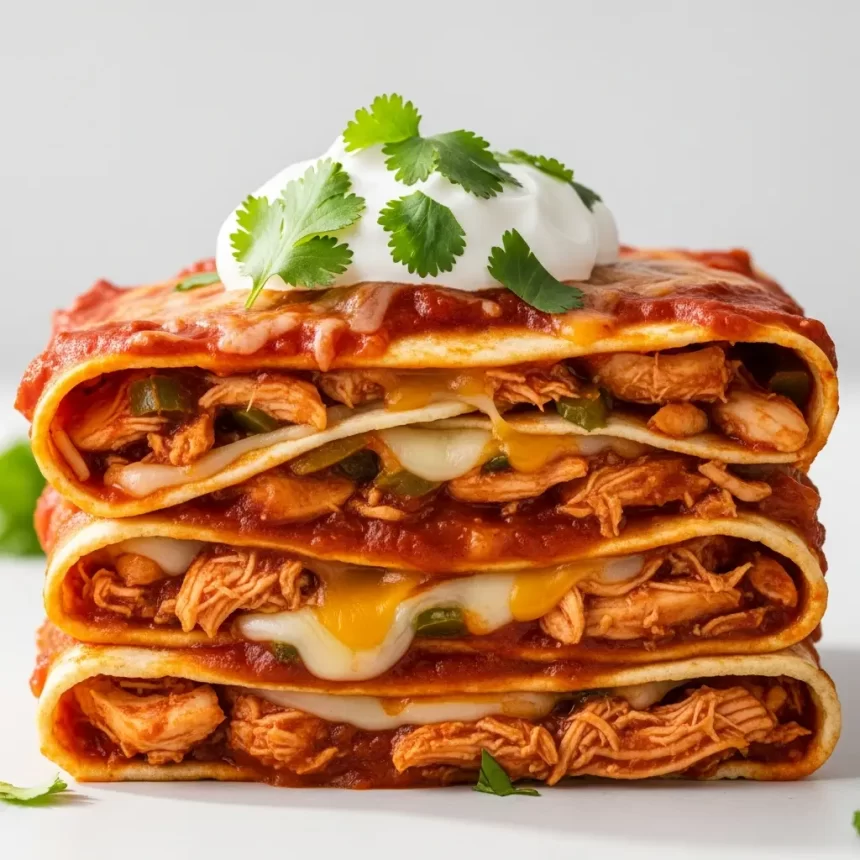 Create a high-resolution Pinterest pin image (1000x1500) of the prepared dish for the recipe " Flavorful Stacked Enchiladas ". Show a close-up of the final dish, beautifully styled, vibrant, and appetizing, with soft natural lighting and realistic textures. Do NOT include any text, title, logo, watermark, or background clutter. Keep the composition clean, minimalistic, and visually striking.