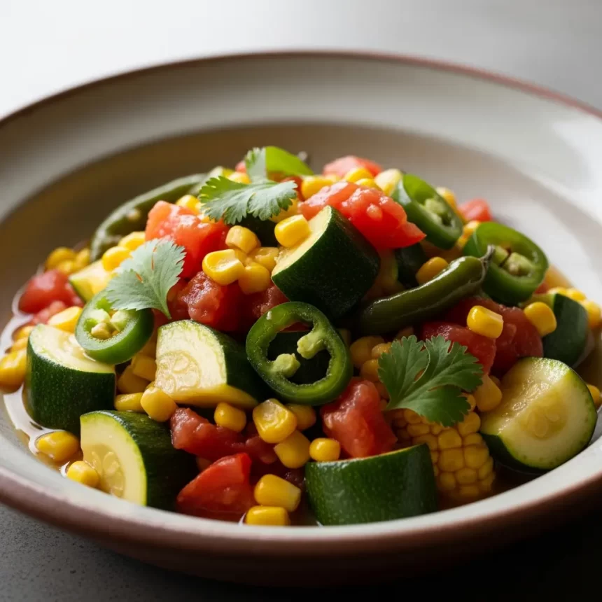 Create a vertical Pinterest pin image (1000x1500) for the recipe “ Savoring Calabacitas a la Mexicana " Show a close-up of the prepared dish, vibrant and appetizing, with realistic textures and natural lighting. Add the recipe title " Savoring Calabacitas a la Mexicana " in elegant, clean, and large typography at the top or center. Use a readable, modern font, and make sure the text stands out clearly. Do NOT include any logo or website name. Keep the design simple, professional, and eye-catching.
