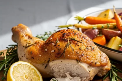 Show a close-up of the prepared dish, vibrant and appetizing, with realistic textures and natural lighting. Add the recipe title " Crispy Baked Chicken Thighs" in elegant, clean, and large typography at the top or center. Use a readable, modern font, and make sure the text stands out clearly. Do NOT include any logo or website name. Keep the design simple, professional, and eye-catching.