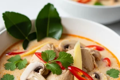 1 can (14 oz) coconut milk, preferably full-fat for that luxurious creaminess 2 cups chicken broth - your homemade or low-sodium store-bought version 300g boneless chicken breast, thinly sliced for tender bites 3-4 slices fresh galangal, a zesty root that's indispensable to the soup's signature aroma 3 kaffir lime leaves, gently bruised to release oils 2 stalks lemongrass, smashed and cut into 2-inch pieces 5-6 thin slices fresh Thai bird's eye chilies, adjusted for heat preference 200g oyster mushrooms, ripped into bite-sized pieces for earthy texture 3 tablespoons fish sauce, lending the salty umami backbone 2 tablespoons fresh lime juice to brighten 1 teaspoon palm sugar or brown sugar, balancing acidity and spice Fresh cilantro leaves and thinly sliced scallions for garnish