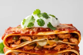 Create a high-resolution Pinterest pin image (1000x1500) of the prepared dish for the recipe " Flavorful Stacked Enchiladas ". Show a close-up of the final dish, beautifully styled, vibrant, and appetizing, with soft natural lighting and realistic textures. Do NOT include any text, title, logo, watermark, or background clutter. Keep the composition clean, minimalistic, and visually striking.