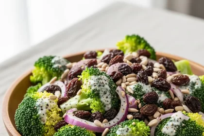 Create a vertical Pinterest pin image (1000x1500) for the recipe " Broccoli Raisin Salad ". Show a close-up of the prepared dish, vibrant and appetizing, with realistic textures and natural lighting. Add the recipe title " Broccoli Raisin Salad" in elegant, clean, and large typography at the top or center. Use a readable, modern font, and make sure the text stands out clearly. Do NOT include any logo or website name. Keep the design simple, professional, and eye-catching.