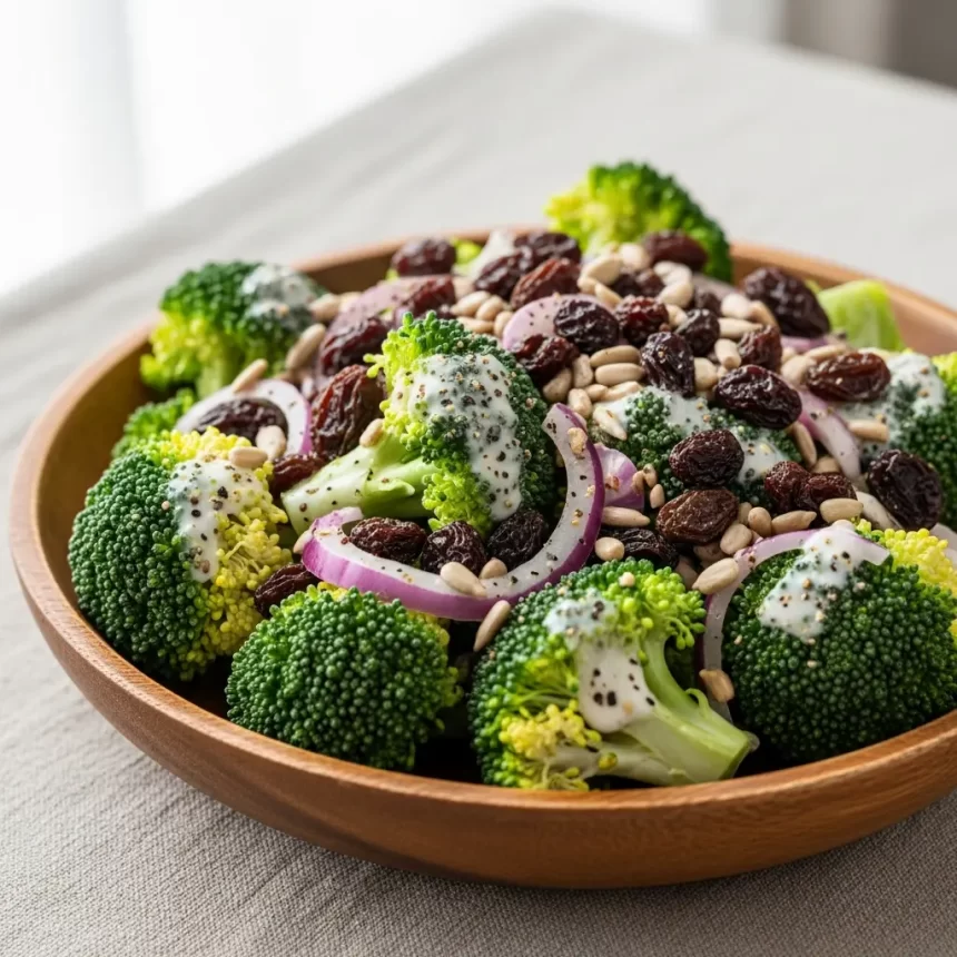Create a vertical Pinterest pin image (1000x1500) for the recipe " Broccoli Raisin Salad ". Show a close-up of the prepared dish, vibrant and appetizing, with realistic textures and natural lighting. Add the recipe title " Broccoli Raisin Salad" in elegant, clean, and large typography at the top or center. Use a readable, modern font, and make sure the text stands out clearly. Do NOT include any logo or website name. Keep the design simple, professional, and eye-catching.