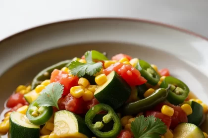 Create a vertical Pinterest pin image (1000x1500) for the recipe “ Savoring Calabacitas a la Mexicana " Show a close-up of the prepared dish, vibrant and appetizing, with realistic textures and natural lighting. Add the recipe title " Savoring Calabacitas a la Mexicana " in elegant, clean, and large typography at the top or center. Use a readable, modern font, and make sure the text stands out clearly. Do NOT include any logo or website name. Keep the design simple, professional, and eye-catching.