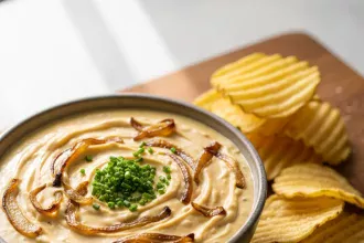 Create a vertical Pinterest pin image (1000x1500) for the recipe “ Homemade French Onion Dip" Show a close-up of the prepared dish, vibrant and appetizing, with realistic textures and natural lighting. Add the recipe title " Homemade French Onion Dip " in elegant, clean, and large typography at the top or center. Use a readable, modern font, and make sure the text stands out clearly. Do NOT include any logo or website name. Keep the design simple, professional, and eye-catching.