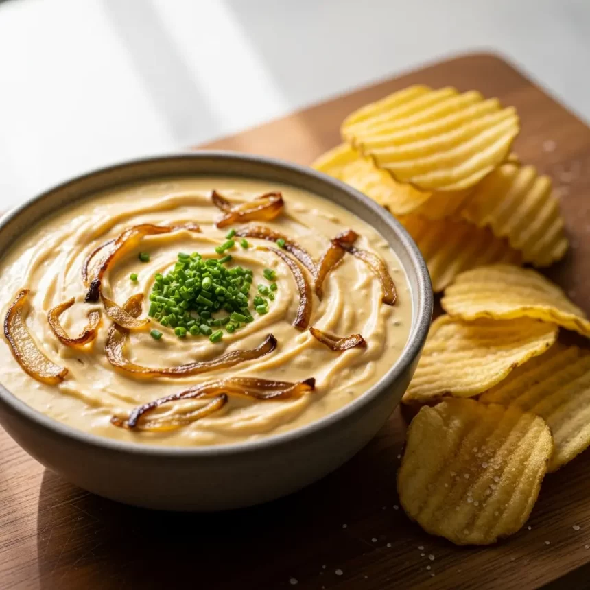 Create a vertical Pinterest pin image (1000x1500) for the recipe “ Homemade French Onion Dip" Show a close-up of the prepared dish, vibrant and appetizing, with realistic textures and natural lighting. Add the recipe title " Homemade French Onion Dip " in elegant, clean, and large typography at the top or center. Use a readable, modern font, and make sure the text stands out clearly. Do NOT include any logo or website name. Keep the design simple, professional, and eye-catching.