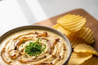 Create a vertical Pinterest pin image (1000x1500) for the recipe “ Homemade French Onion Dip" Show a close-up of the prepared dish, vibrant and appetizing, with realistic textures and natural lighting. Add the recipe title " Homemade French Onion Dip " in elegant, clean, and large typography at the top or center. Use a readable, modern font, and make sure the text stands out clearly. Do NOT include any logo or website name. Keep the design simple, professional, and eye-catching.