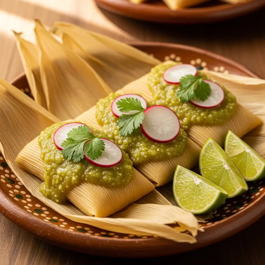 Savoring Chicken Tamales in Zesty Green Salsa Delight