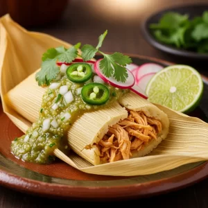Savoring Chicken Tamales in Zesty Green Salsa Delight
