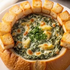 Creamy Spinach Dip Served in a Fresh Bread Bowl Delight