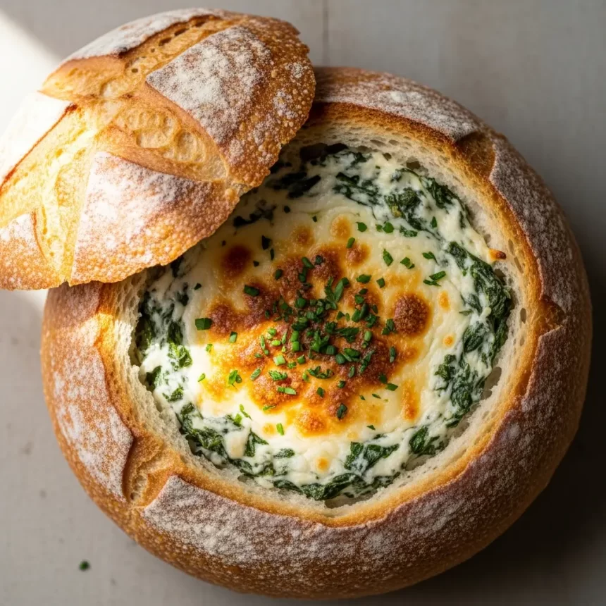 Creamy Spinach Dip Served in a Fresh Bread Bowl Delight