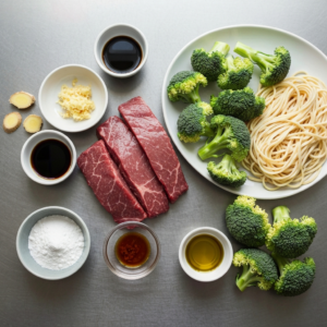 Serving Stage: Plated beef and broccoli noodle skillet on a white plate, garnished with sesame seeds and scallions, lime wedge on the side, bright and inviting presentation, ready to eat.