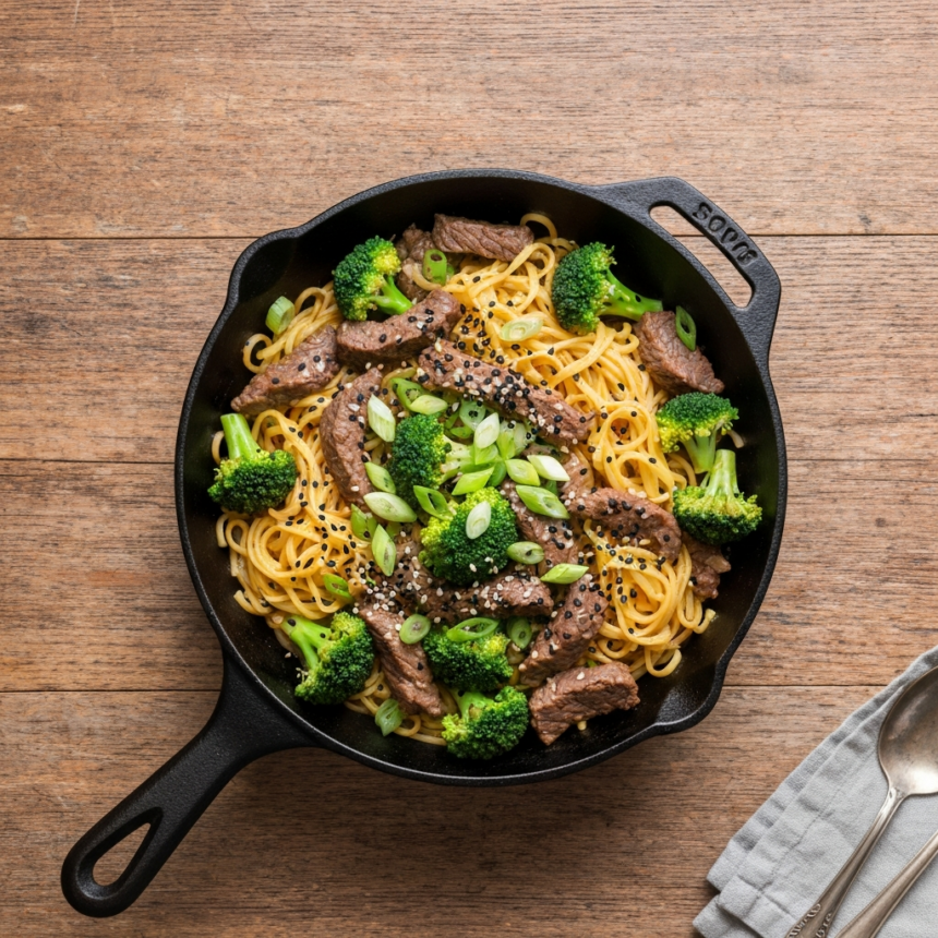 Serving Stage: Plated beef and broccoli noodle skillet on a white plate, garnished with sesame seeds and scallions, lime wedge on the side, bright and inviting presentation, ready to eat.