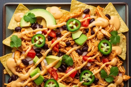 Loaded Chicken Nachos with Creamy Queso Delight