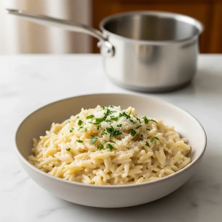 Realistic 1:1 image of finished creamy garlic Parmesan orzo plated in ceramic bowl, topped with chopped parsley and extra Parmesan, light drizzle of olive oil, stainless steel saucepan in background on marble countertop, warm inviting ambiance, cohesive styling, no logos