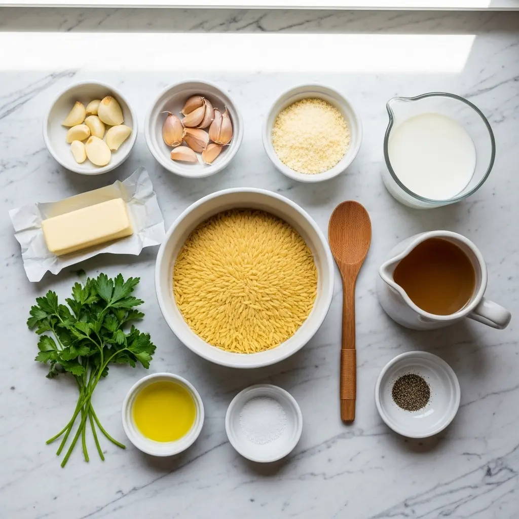 Realistic 1:1 image of finished creamy garlic Parmesan orzo plated in ceramic bowl, topped with chopped parsley and extra Parmesan, light drizzle of olive oil, stainless steel saucepan in background on marble countertop, warm inviting ambiance, cohesive styling, no logos