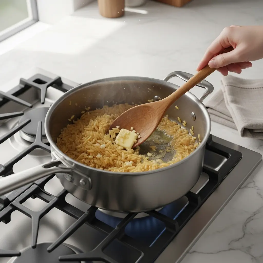 Realistic 1:1 image of finished creamy garlic Parmesan orzo plated in ceramic bowl, topped with chopped parsley and extra Parmesan, light drizzle of olive oil, stainless steel saucepan in background on marble countertop, warm inviting ambiance, cohesive styling, no logos