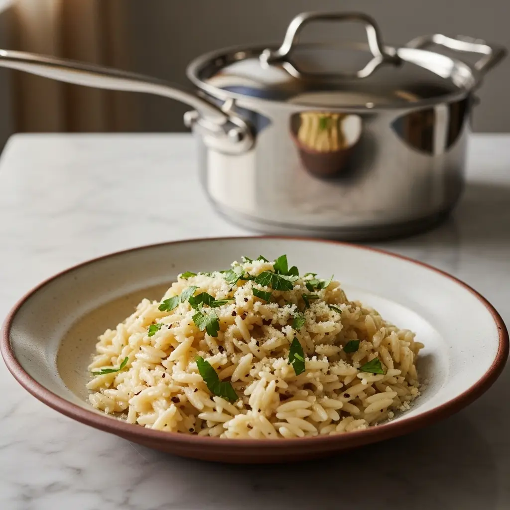 Realistic 1:1 image of finished creamy garlic Parmesan orzo plated in ceramic bowl, topped with chopped parsley and extra Parmesan, light drizzle of olive oil, stainless steel saucepan in background on marble countertop, warm inviting ambiance, cohesive styling, no logos